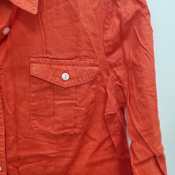 Chico's Women's Bright Orange Linen Blend Roll Tab Military Button Up Shirt Sz 1 - Picture 3 of 5